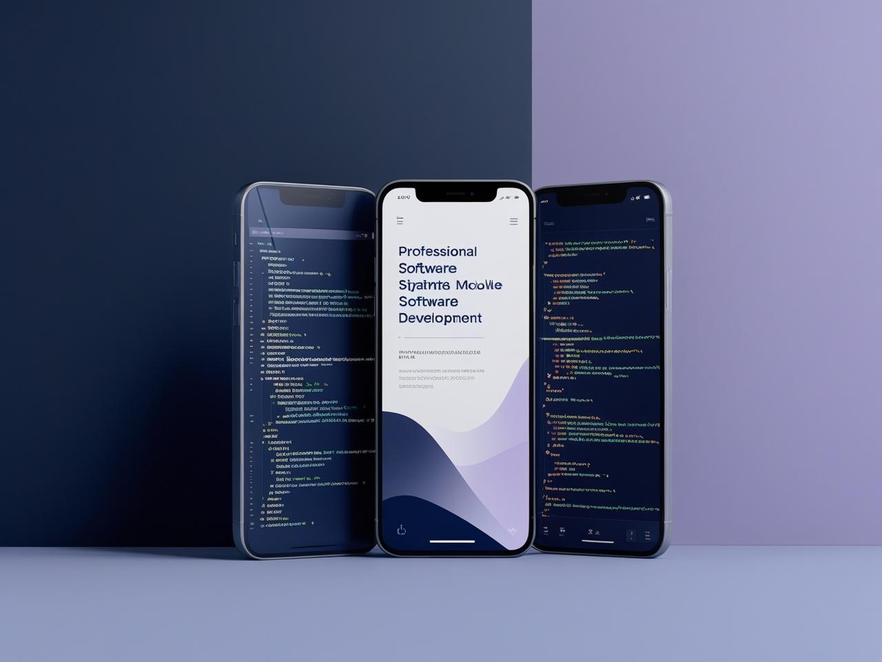 mobile software development with dark blu soft violet vibes